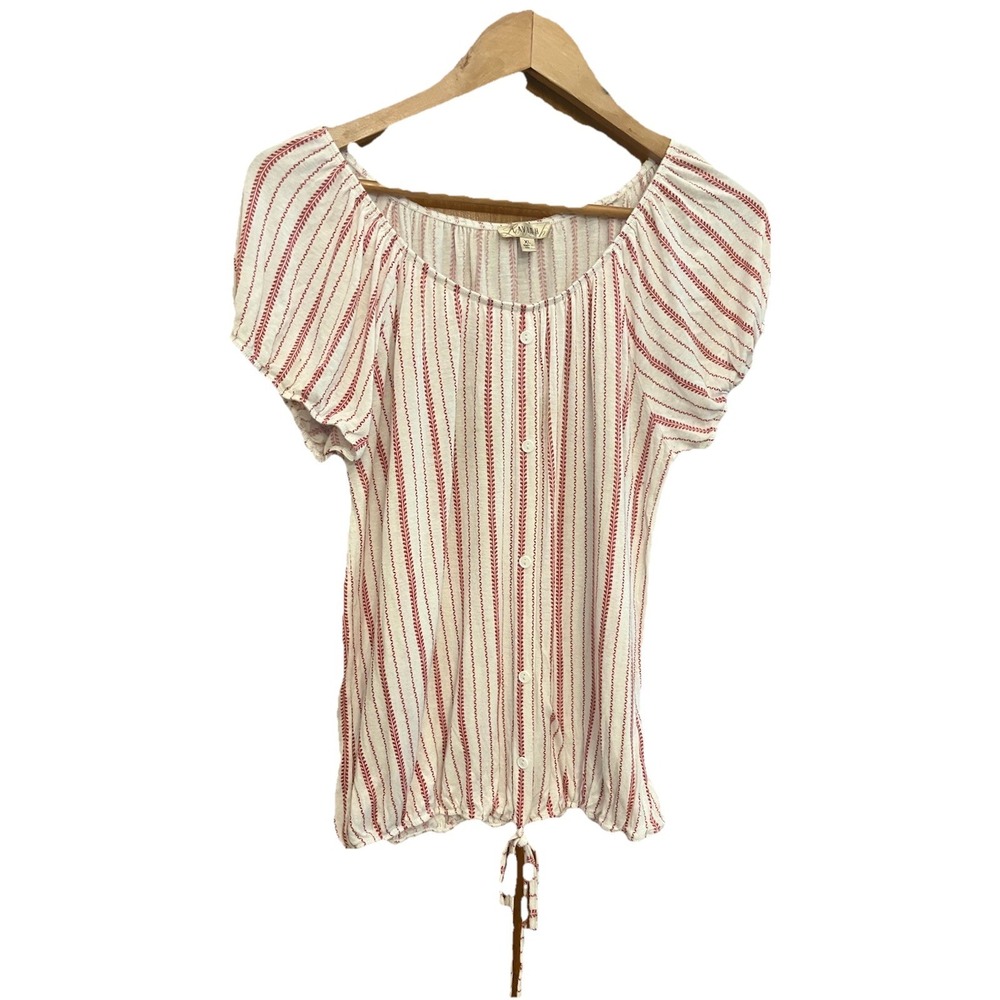 Lavish Women's Shirt Sz XL On Or Off Shoulder White W Red Strips Stretchy Soft